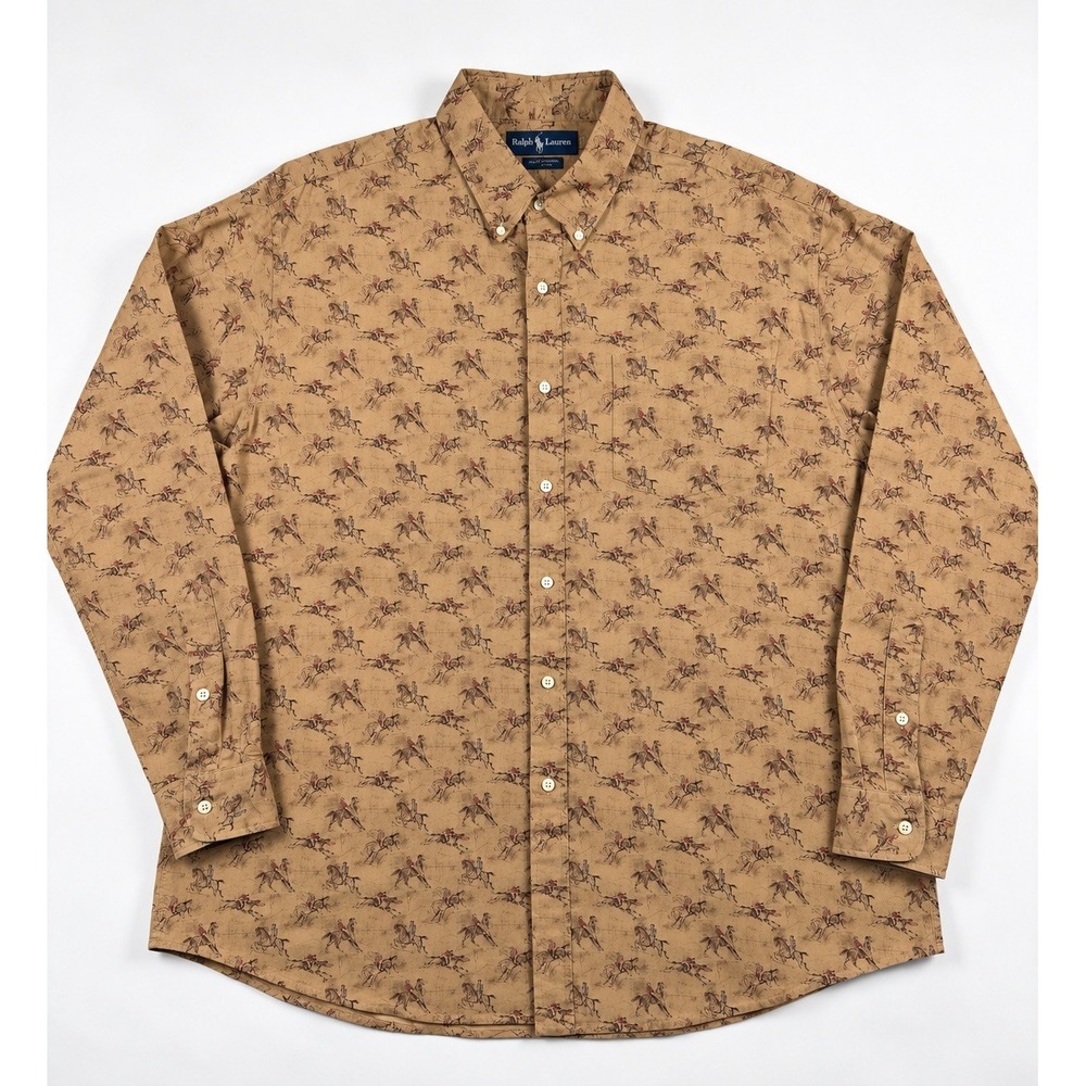 Ralph Lauren Vintage Equestrian Polo Print Cotton Buttondown Shirt Tan Brown XL